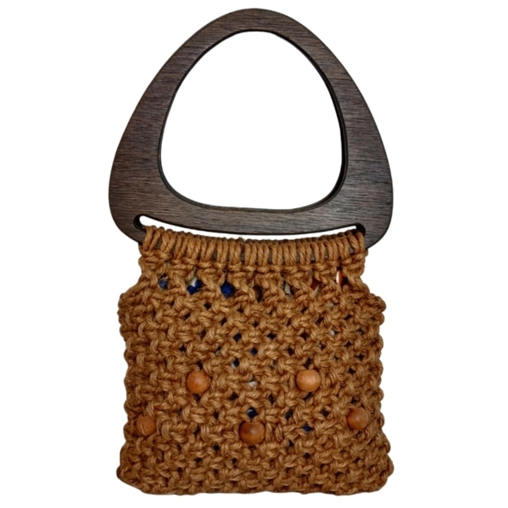 Vintage Boho Macrame Beaded Natural Wood Handbag